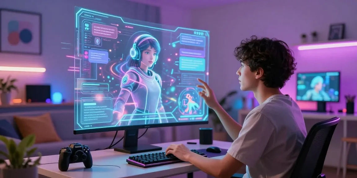 A user engaging in immersive AI roleplay with a dynamic virtual character in a colorful digital space.