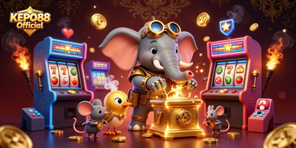 Win big with KEPO88 Official as the steampunk elephant operates a vibrant golden slot machine amidst exciting casino elements.