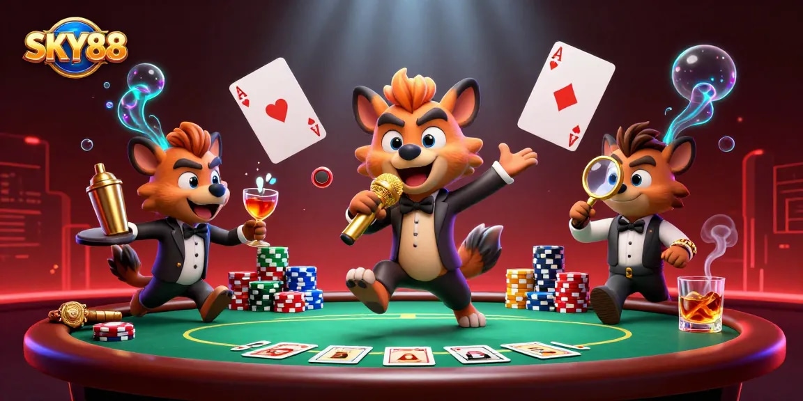 Experience SKY88 with hyenas in a vibrant casino scene showcasing poker elements and dynamic characters.
