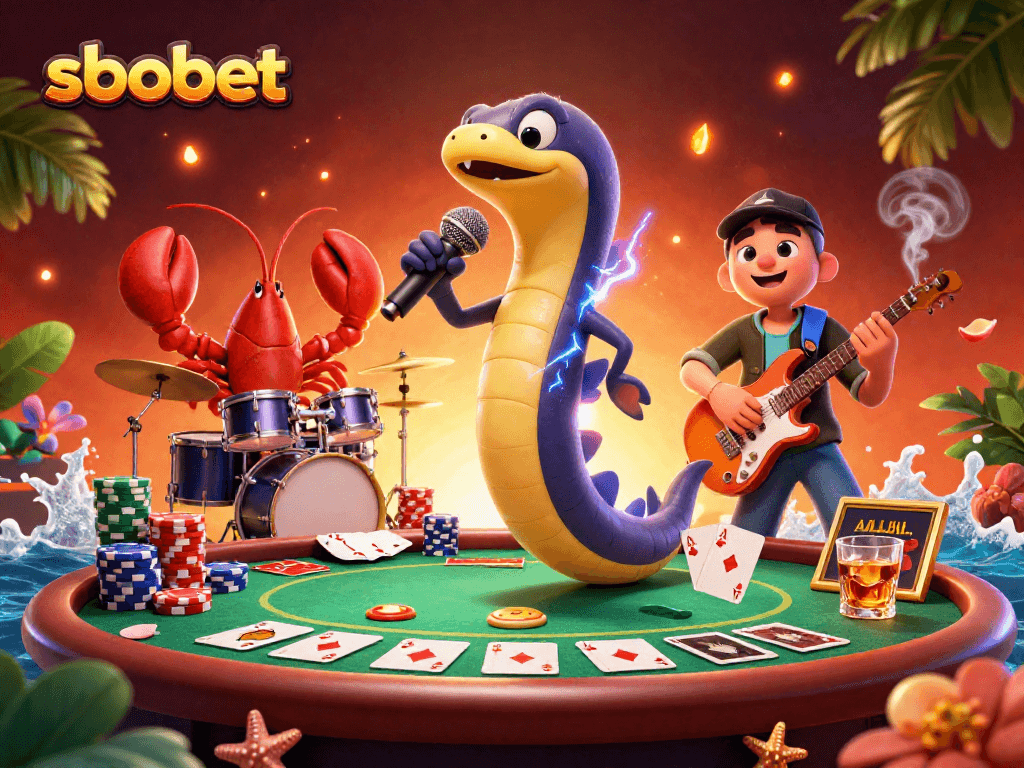 SBOBET players engaging in lively casino fun with cartoon characters and poker elements, showcasing vibrant underwater themes.