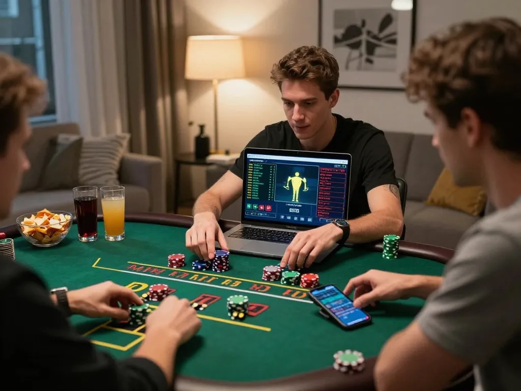 Engaging in a situs gacor online blackjack game at home, showcasing strategy and excitement in a cozy setting.