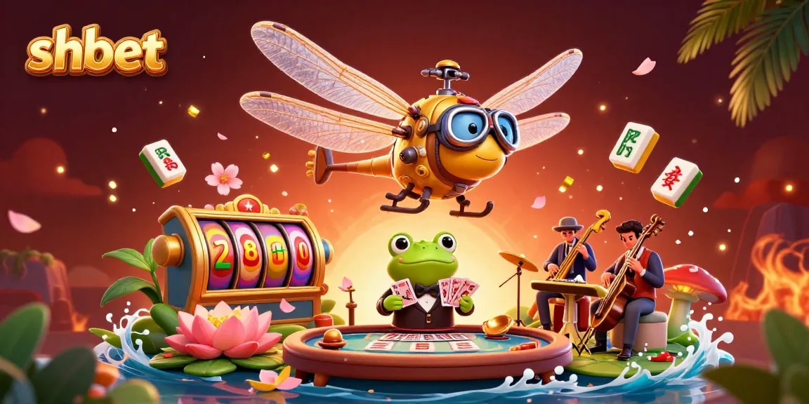 Join the excitement at SHBET as a dragonfly pilot hovers above a vibrant lily pad casino.