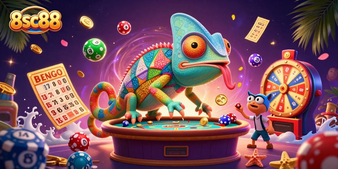 Experience the thrill at 8sc88 with vibrant casino-themed illustration featuring golden coins, lottery balls, and a dynamic chameleon.