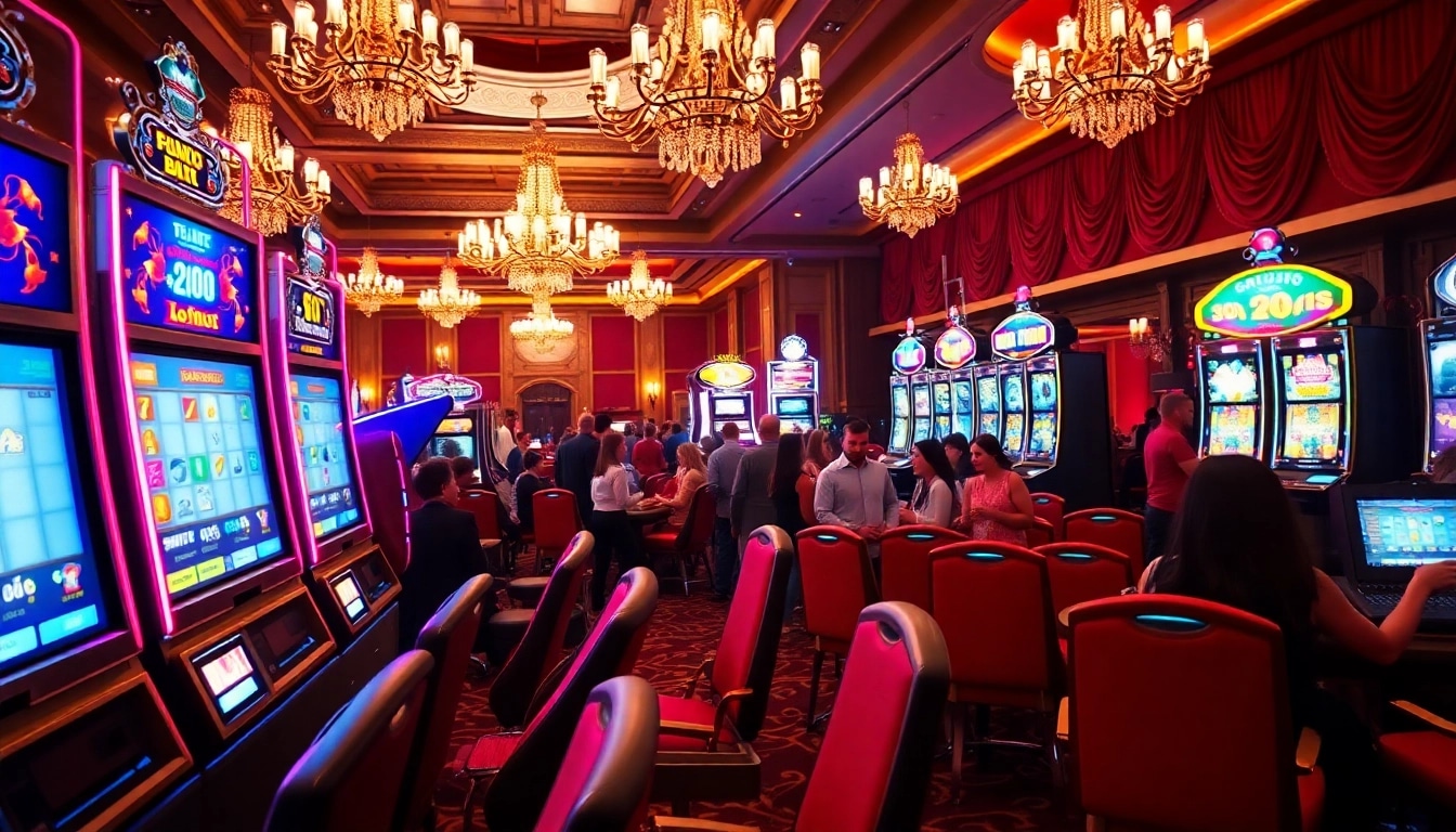Engaging players enjoying vibrant online casino games with bright slot machines.