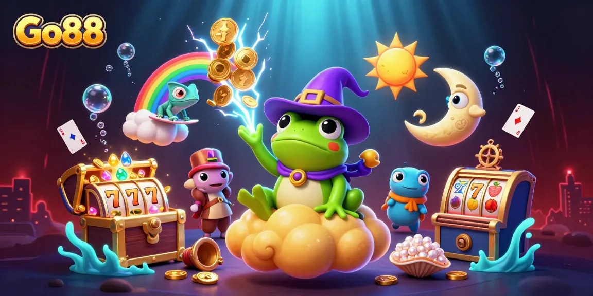 Engage with Go88’s thrilling gaming scene featuring golden coins, vibrant slot machines, and magical characters.