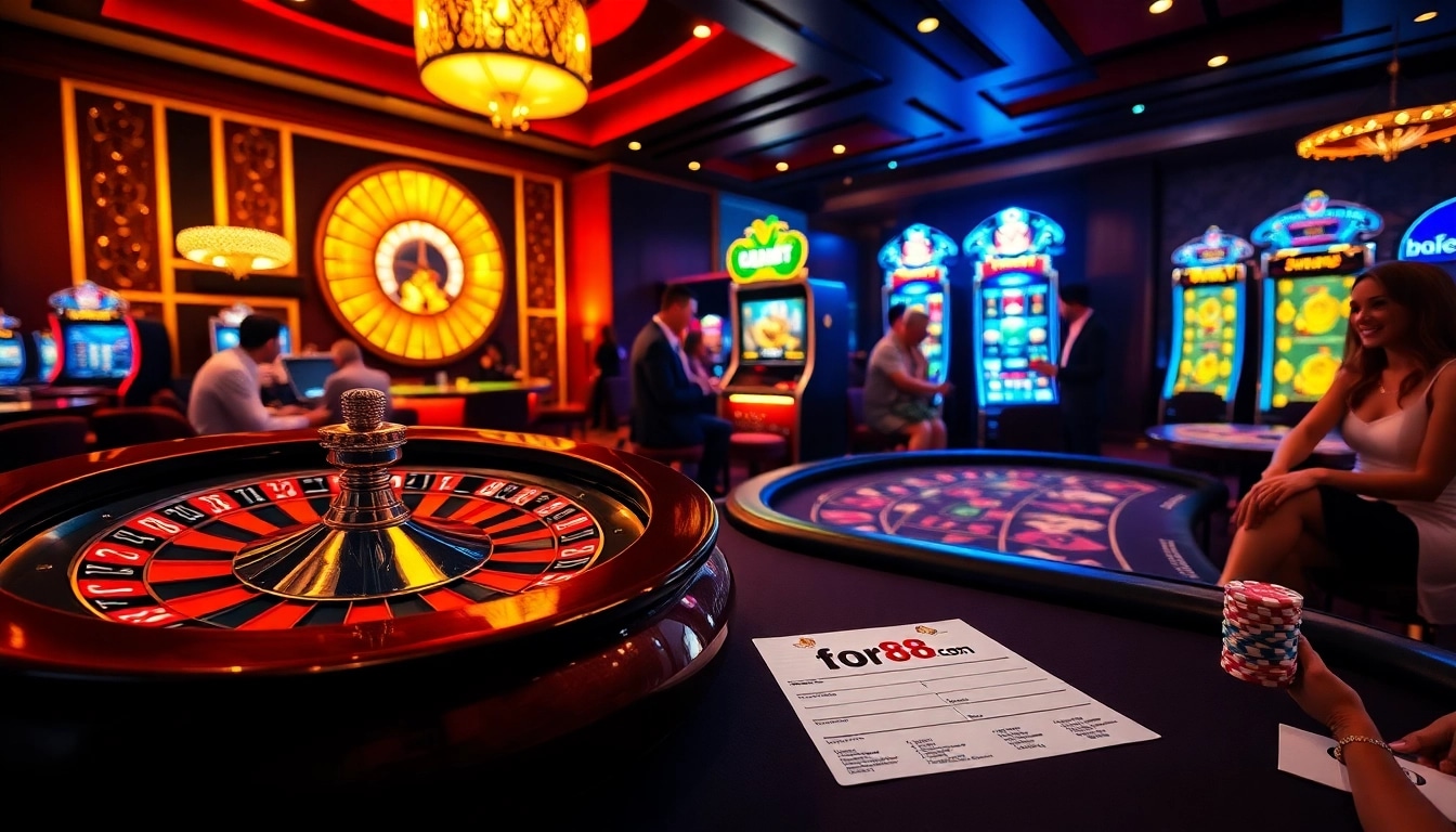 Exciting gaming at for88 .com with roulette and poker tables, vibrant lights, and engaging players.