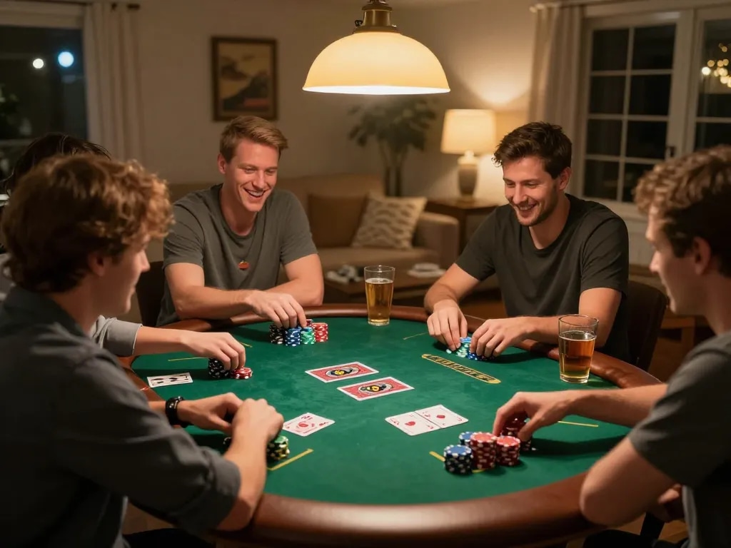Playing poker at home with friends while using MM99 Đăng Nhập for online gaming strategies