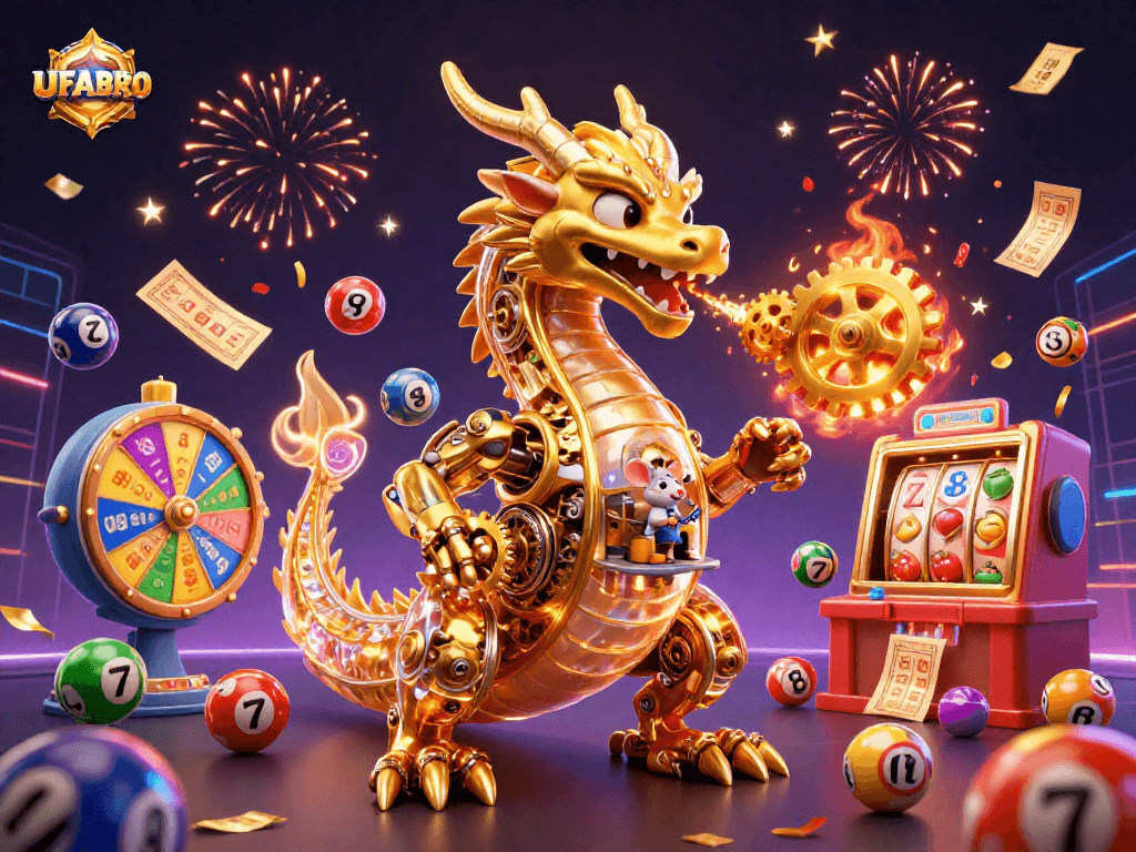 Experience thrilling gameplay at UFABRO, featuring vibrant casino elements and a magical dragon.