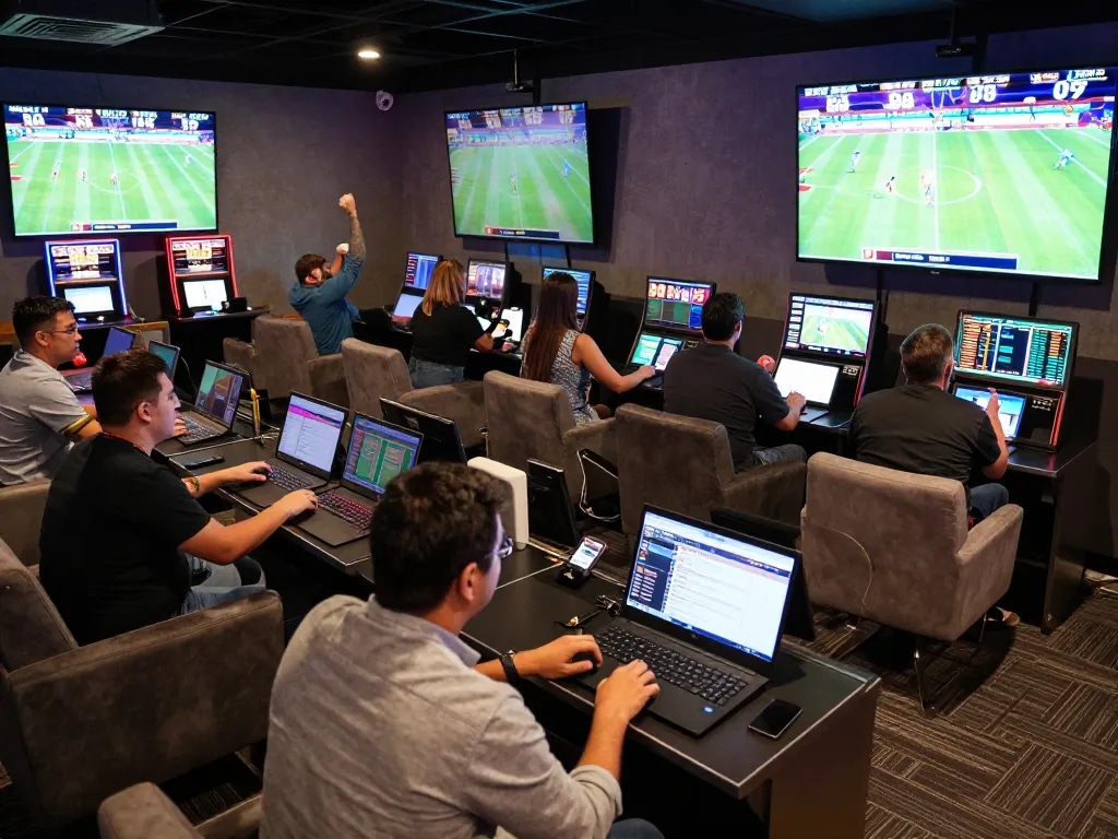 Excited bettors engage in sports betting at NET88, analyzing odds and celebrating wins.