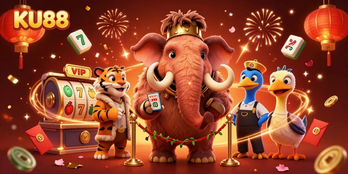 Experience thrilling gaming at KU88 with a detailed illustration of a vibrant casino scene featuring unique characters and slot games.