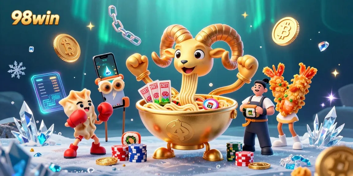 Experience thrilling games at 98win with a vibrant casino scene featuring dynamic characters and crypto elements.