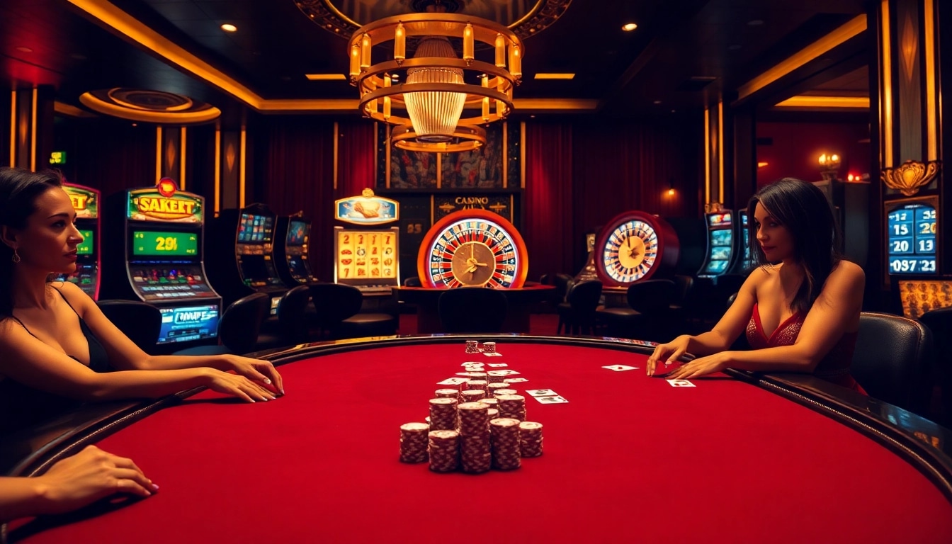 Nohu90 players enjoying high-stakes poker at an elegant casino table with vibrant chips and lights.