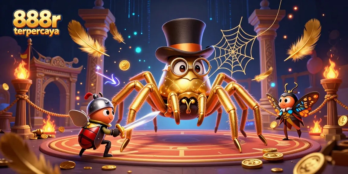Engage with 888r terpercaya at this vibrant casino scene featuring a golden tarantula and knight.