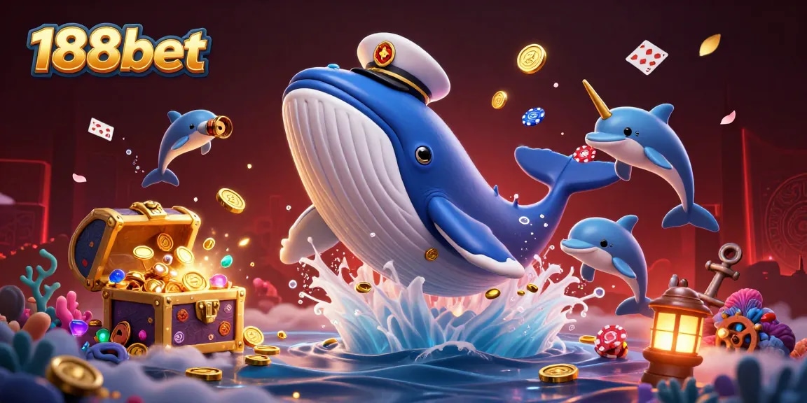 Experience thrilling wins with 188bet while playful dolphins and a captain whale engage in action.