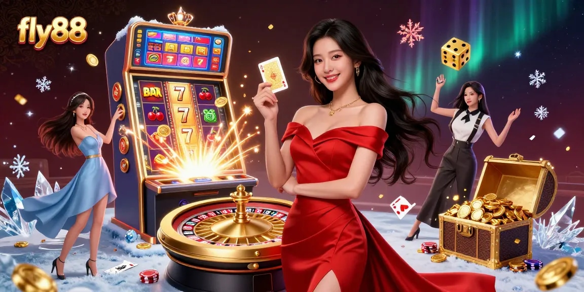Experience the thrill with fly88 in a vibrant casino scene featuring poker action and dazzling elements.