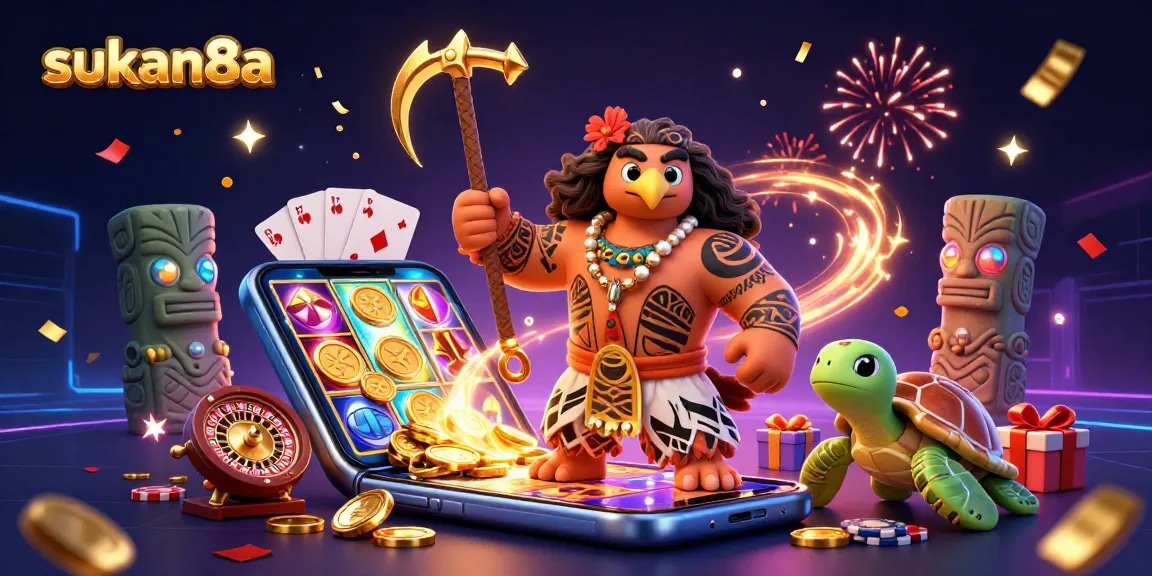 Win big with sukan8a in a vibrant casino adventure featuring colorful slot games and festive characters.