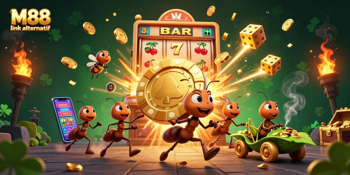 Experience excitement with M88 link alternatif as ants embark on a heist amidst casino elements.