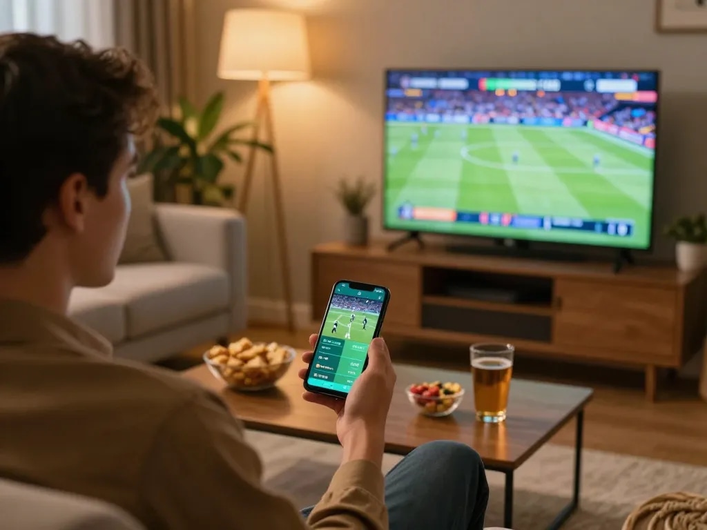 Person engaging with sports betting app on smartphone while watching sports in a cozy room, focusing on Qh99.