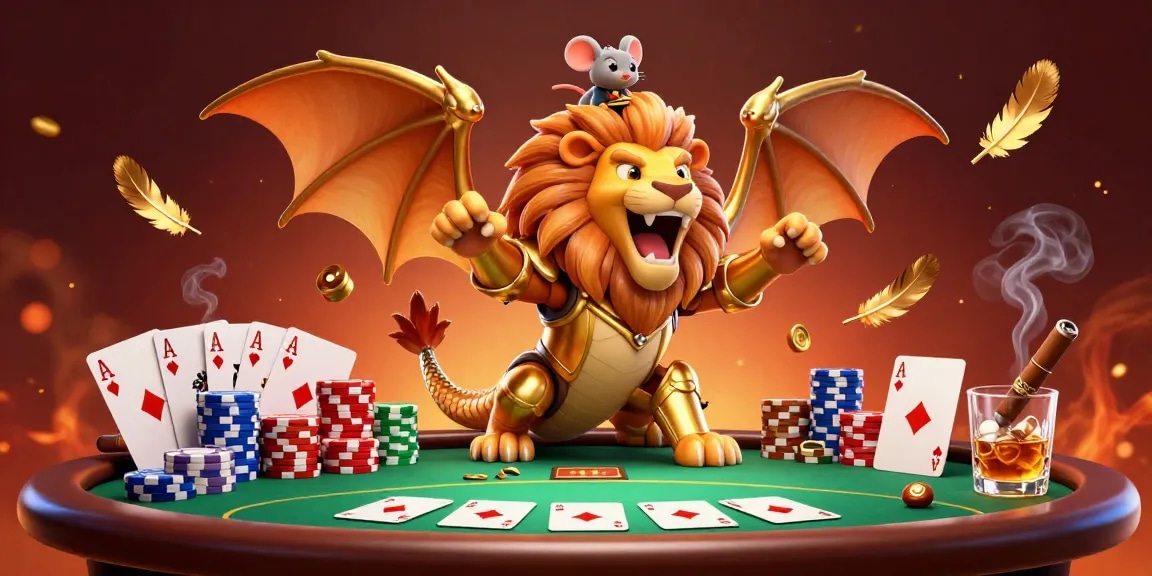 Engage with qs88's thrilling gaming experience as a chimera roars triumphantly at a vibrant casino scene.