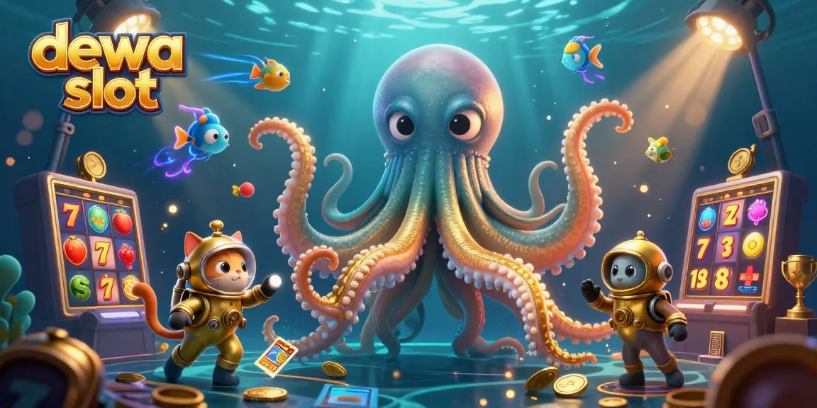 Engage with the dewa slot experience featuring a kraken and diving cat surrounded by slot game elements.