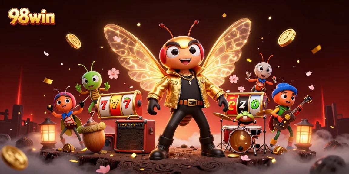 Experience the thrilling 98win slot reels with vibrant characters and dynamic gambling elements.