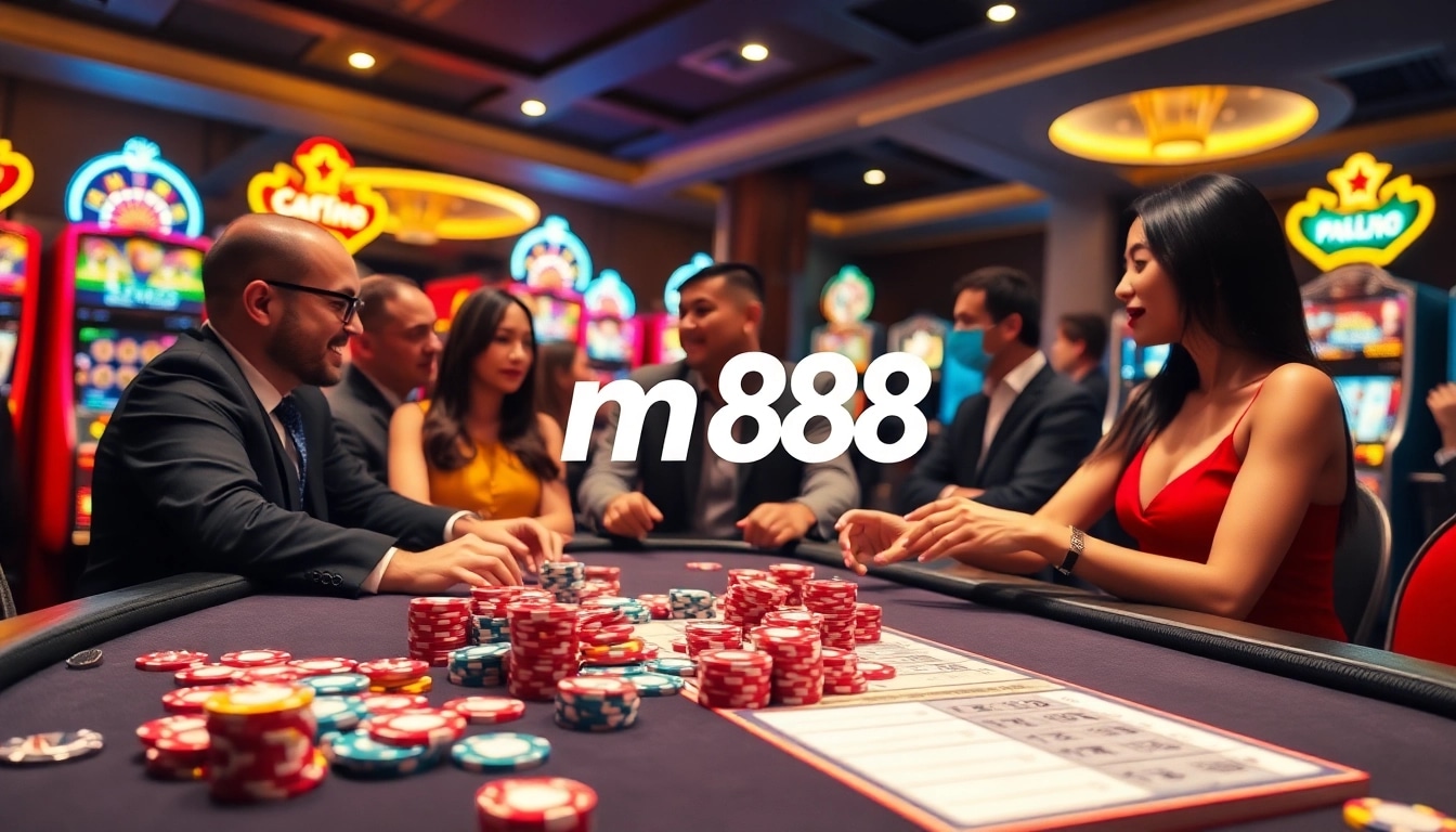Players enjoy the exciting m88 online casino experience with vibrant slot machines and poker chips.