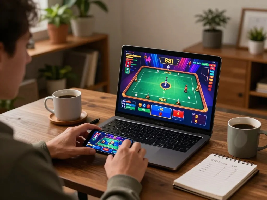 Engaging in a game 88i with a laptop and mobile device in a cozy home setting.