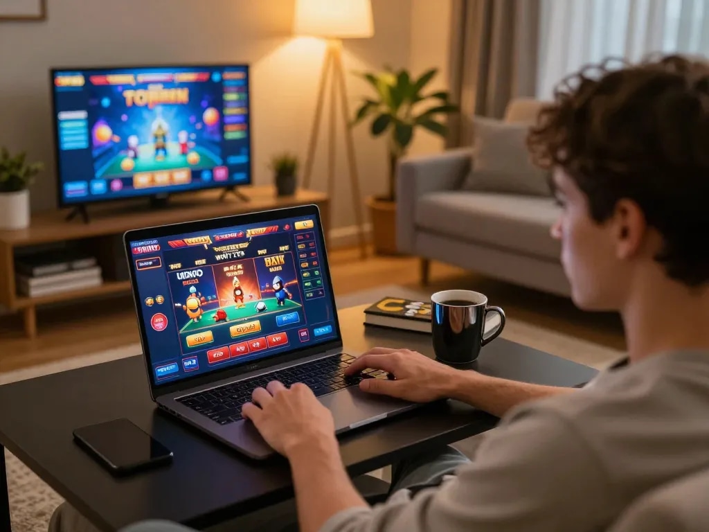 A player enjoying non gamstop casino games on a laptop in a cozy home setting, highlighting online gambling excitement.