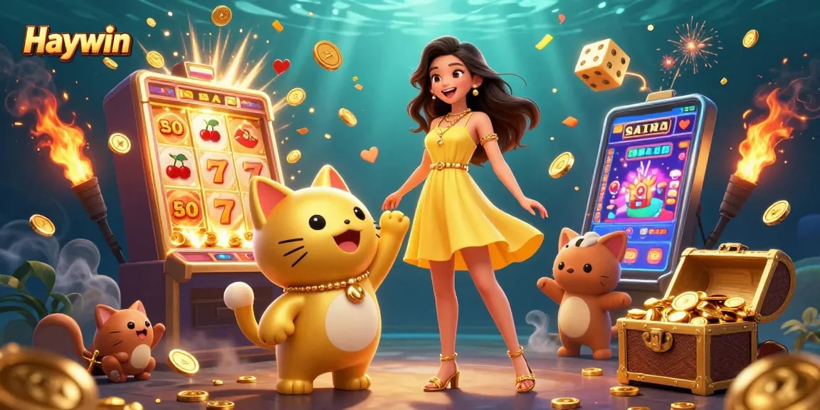 Experience the excitement of Haywin with a beautiful Asian woman and a golden lucky cat, celebrating casino wins.