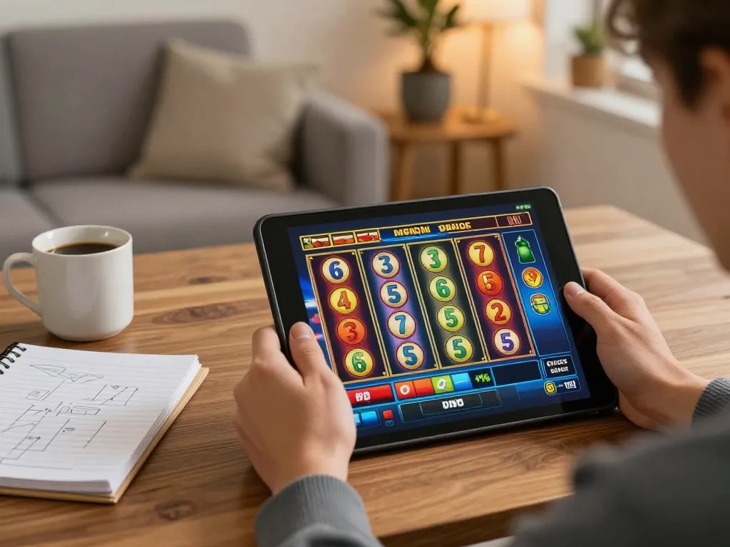 Engaging player spinning reels on a slot online game in a cozy home environment