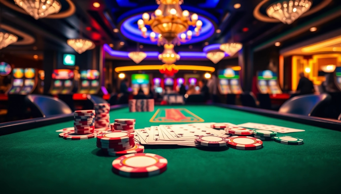 Engaging scene of casino games with vibrant chips and cards on a felt table.