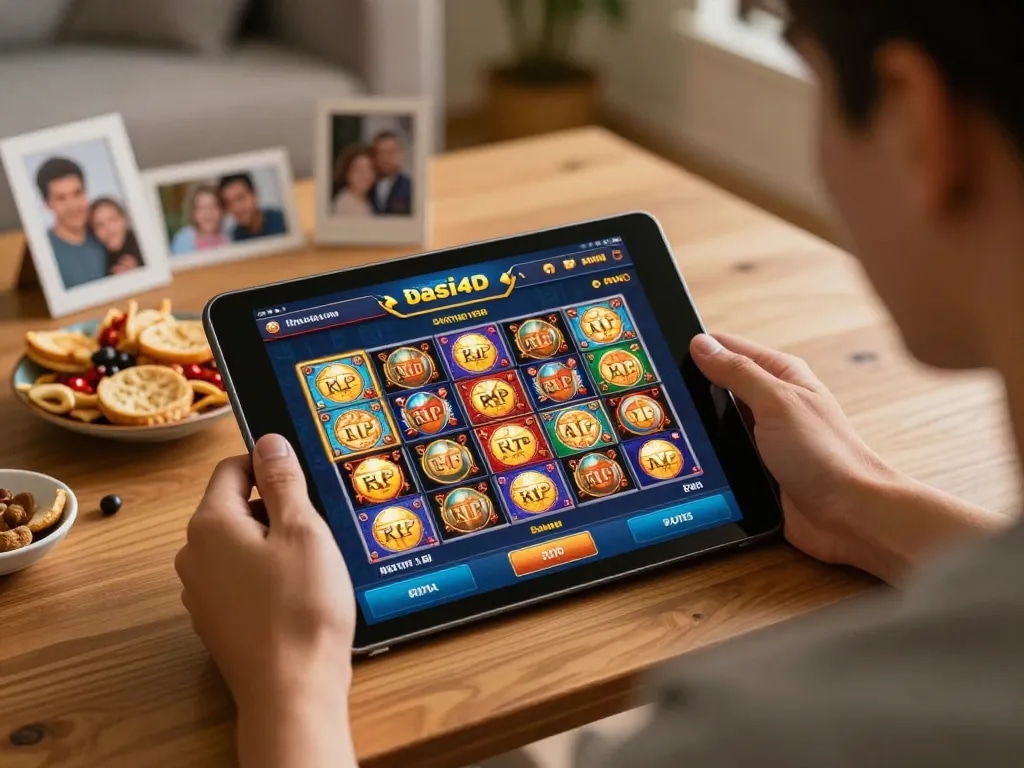 Pemain yang terlibat menikmati permainan slot dasi4d di tablet di ruang tamu yang nyaman.
