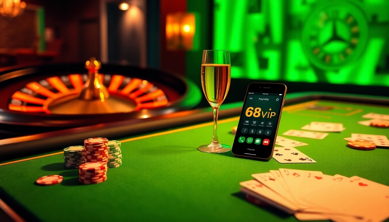 Experience the thrill of 68VIP gaming with vibrant poker elements and a sophisticated atmosphere.