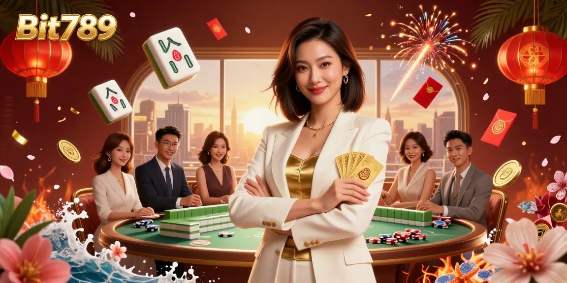 Experience thrilling gaming at Bit789 with an elegant Asian businesswoman holding cards amidst a vibrant casino atmosphere.