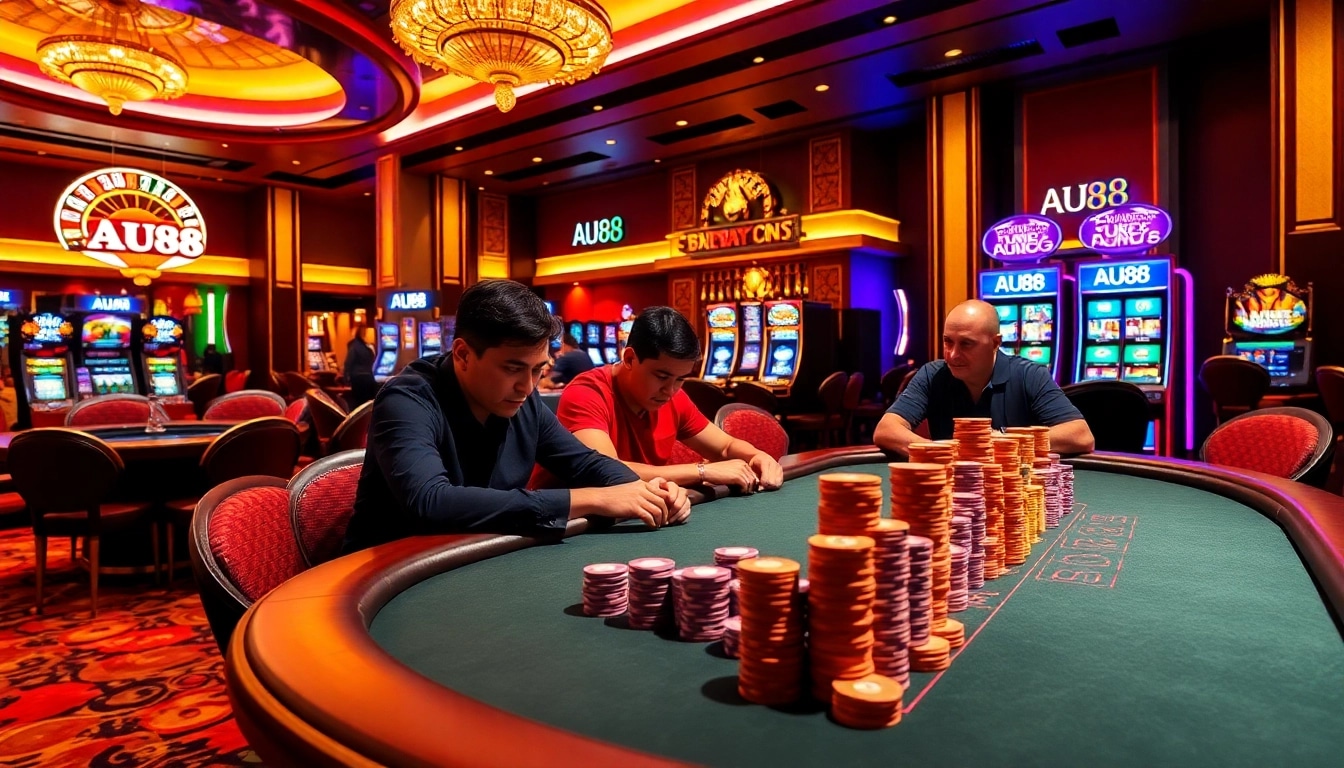 Players engaged in high-stakes poker at AU88 casino, exuding excitement and luxury.