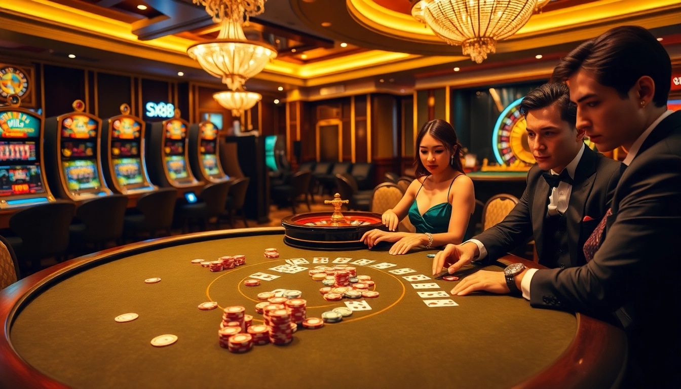 Engage in thrilling gameplay at https://sx88.site/ with a vibrant casino scene featuring poker and slot machines.