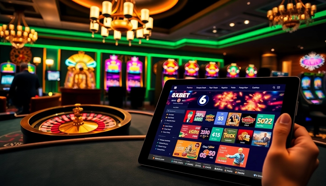 Experience the thrill of 8Xbet as players engage with vibrant slots and roulette in a luxurious casino setting.