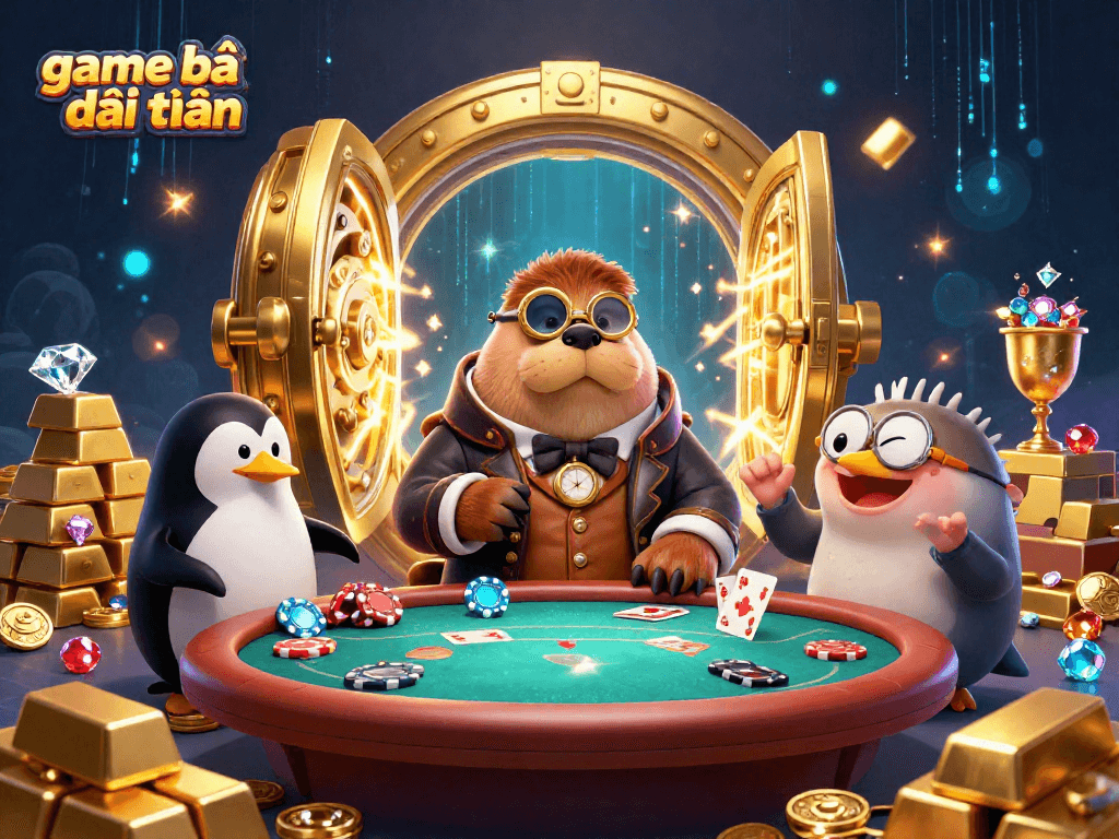 Engage in game bài đổi thưởng with a jolly walrus and friends in a vibrant underwater casino scene.