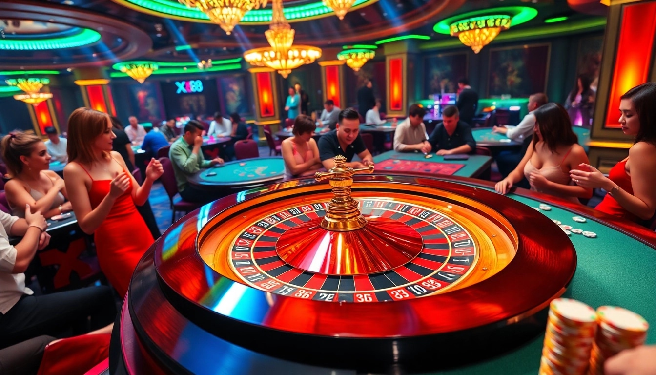 Players engaging in high-stakes games at XX88 casino, featuring dynamic roulette and vibrant casino atmosphere.