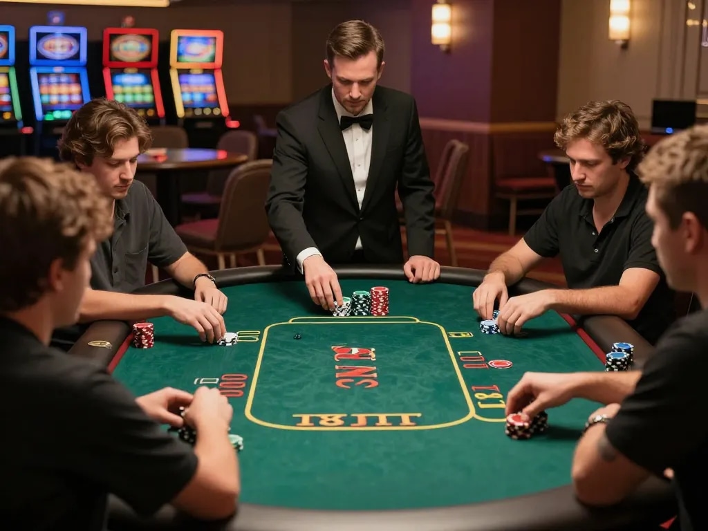 Experience strategic gameplay at Dinamit4D poker table with engaged players in an inviting setting