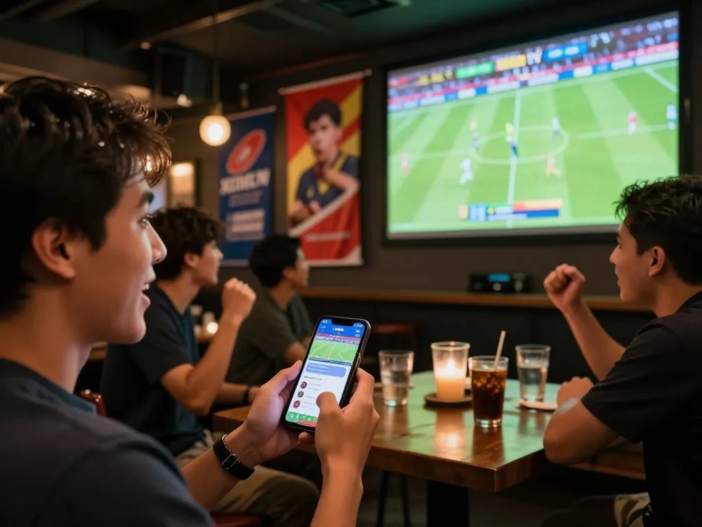 Xoilac TV user placing live bets while watching a football game in a sports bar.