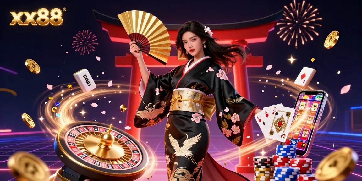 Experience the thrill of xx88 with an elegant Asian woman featuring golden accessories amidst a vibrant casino backdrop.