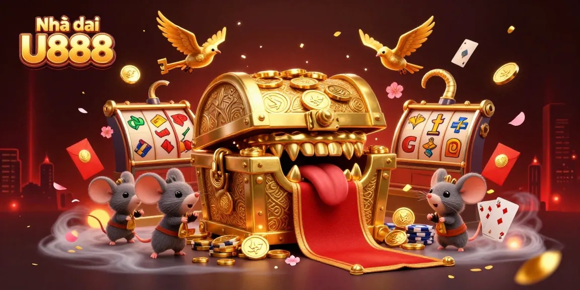Engage with Nhà cái U888 in a vibrant casino scene filled with golden treasure and dynamic games.