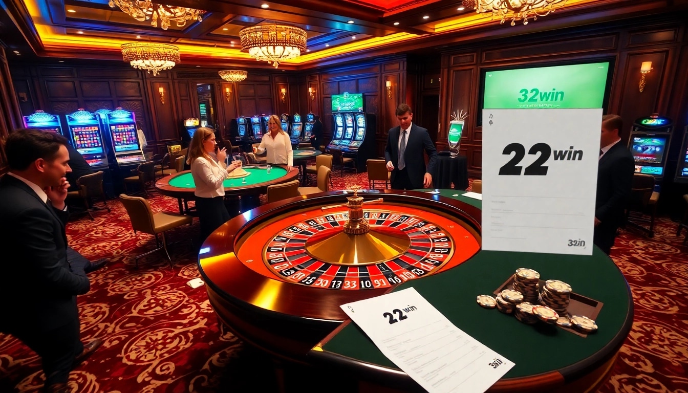 Experience the thrill of gaming with 32win at an elegant casino, featuring roulette and poker.
