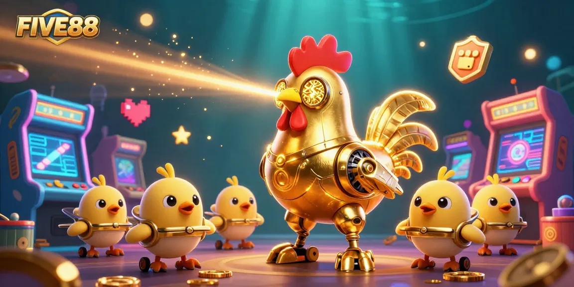Experience the thrill of FIVE88 with a vibrant 3D casino illustration filled with engaging game elements.