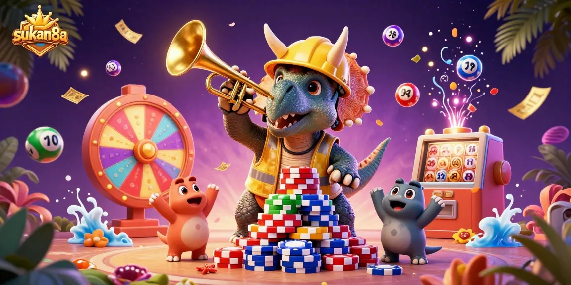 Sukan8a captures the excitement of gaming with a vibrant 3D scene of animated characters.