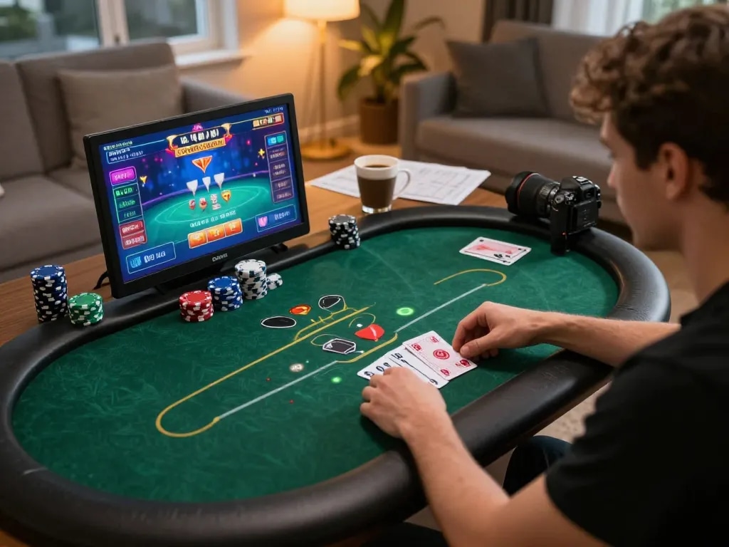 Player strategizing on lv88seo poker game screen at home, capturing intense online casino experience.