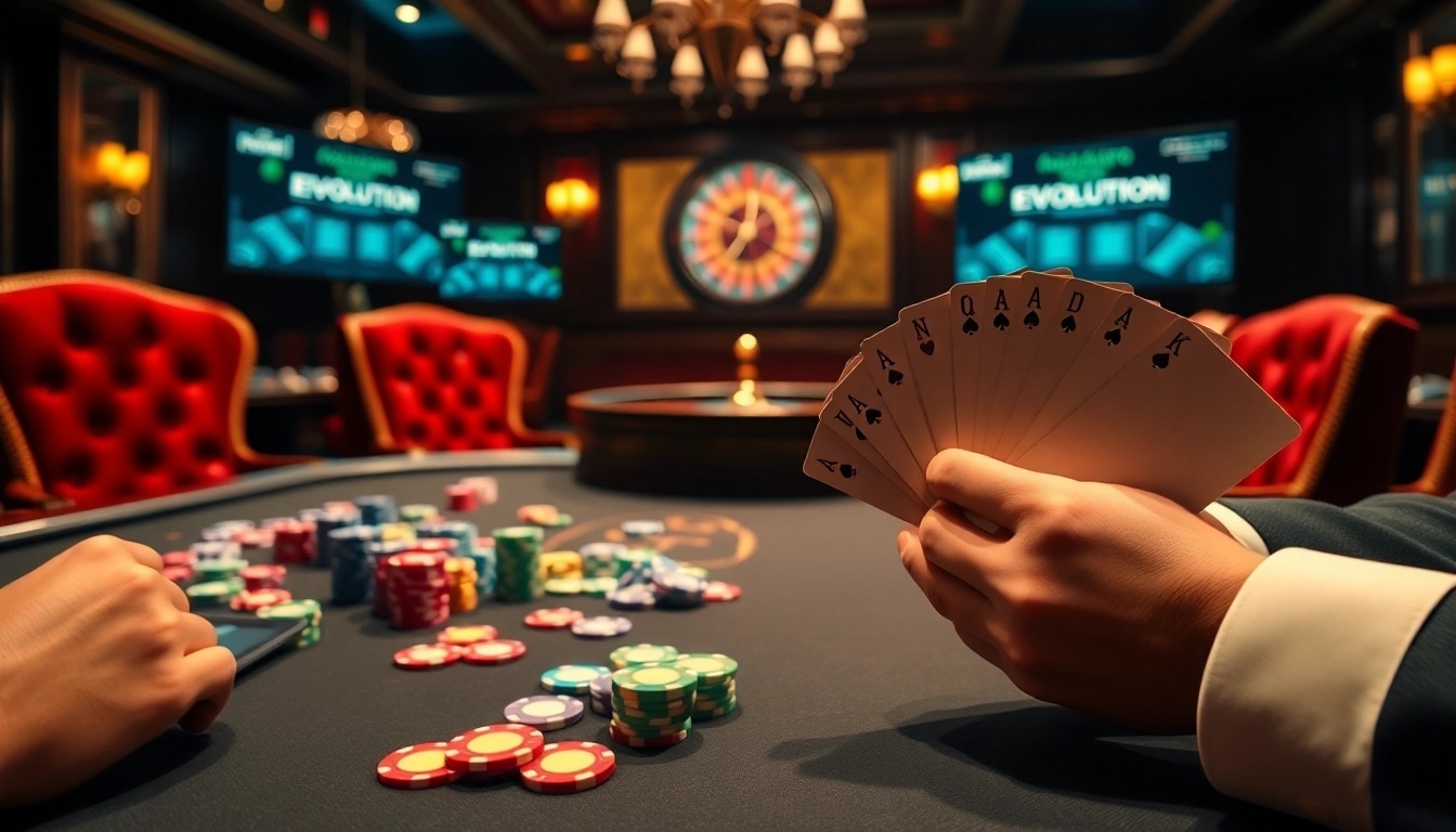 Poker Evolution ฝากถอนเร็ว scene with elegant casino elements and vibrant excitement.