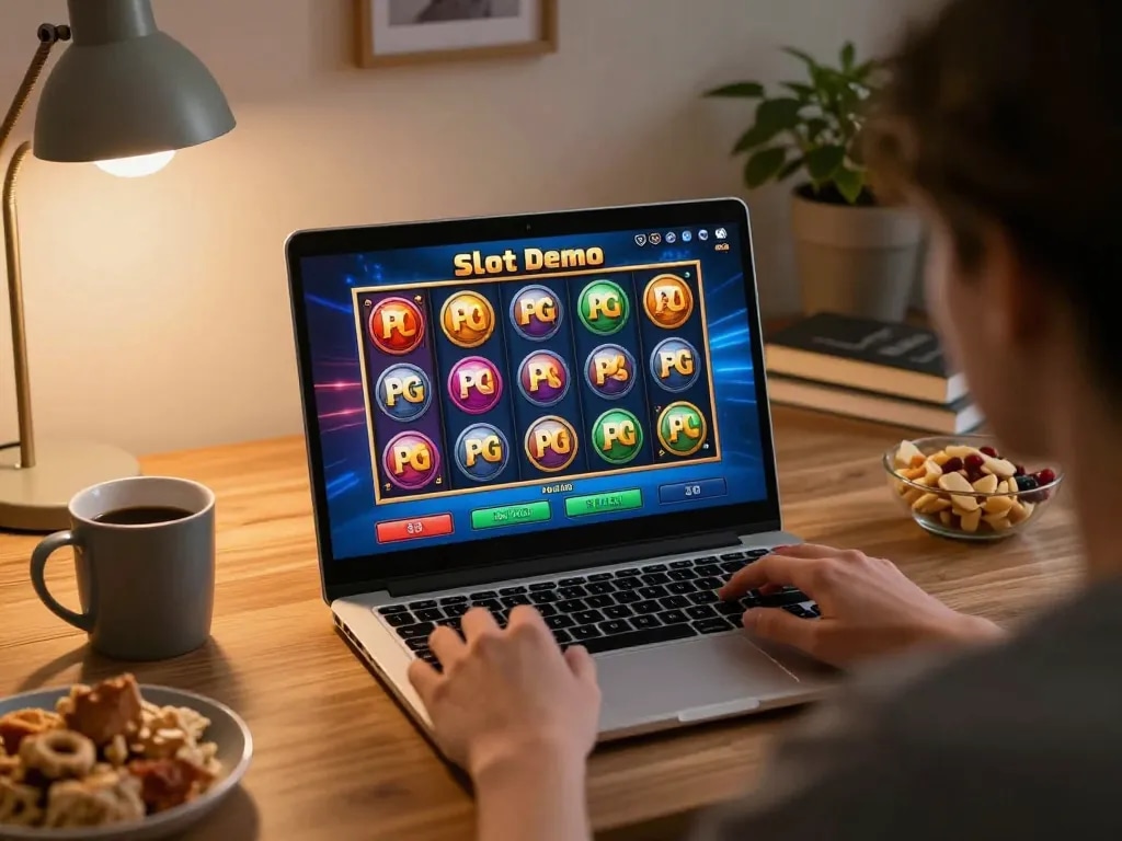 Terlibat dengan permainan Slot Demo PG Soft di laptop dalam suasana rumah yang nyaman, menampilkan grafis slot yang cerah.