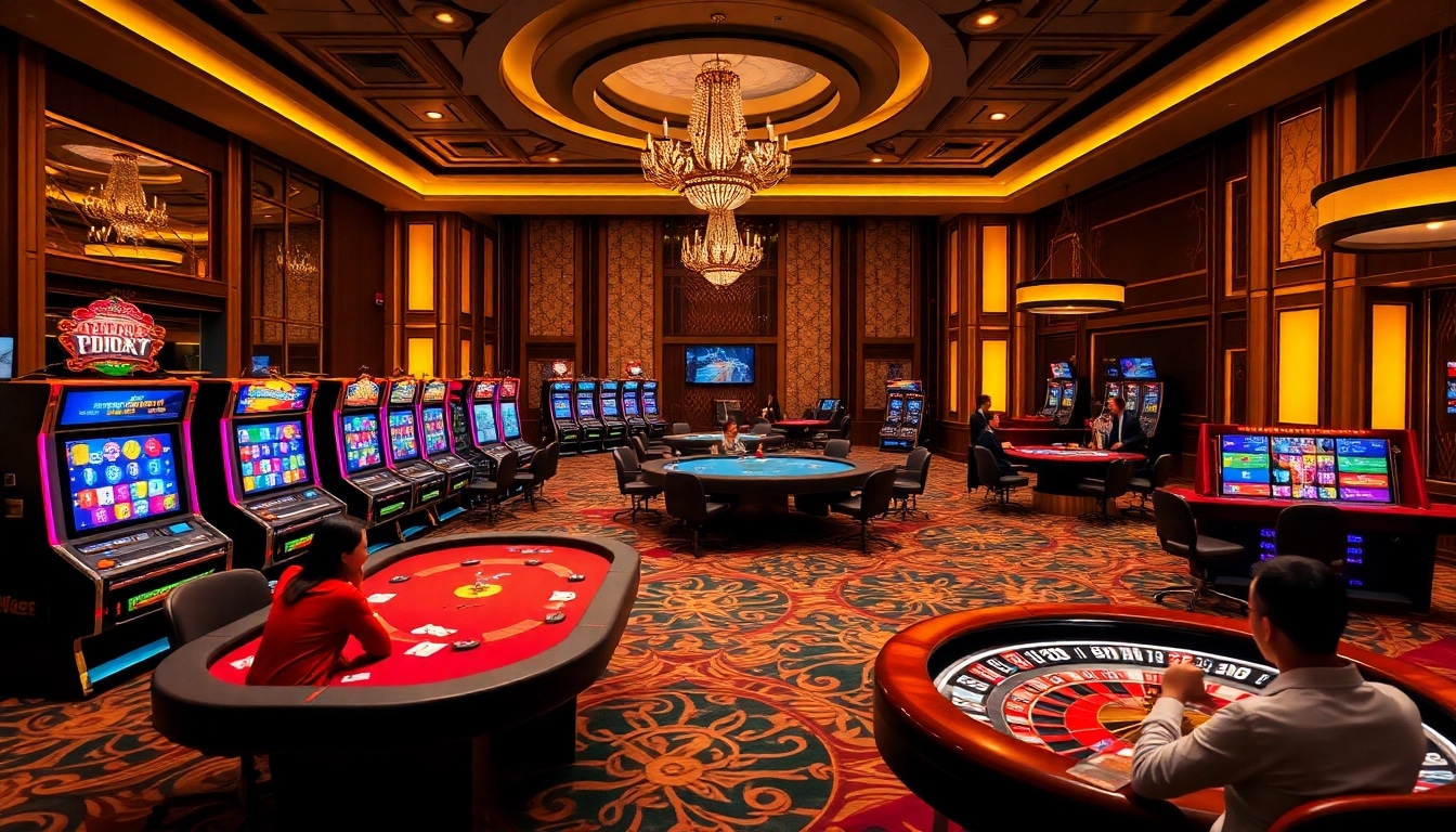 Engage with the vibrant gaming experience at Trang chủ 888VI, featuring luxurious casino tables and exciting slot machines.